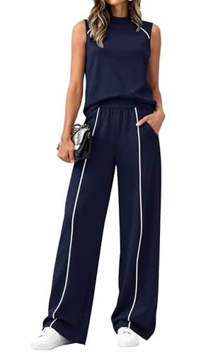 BTFBM Two Piece Sets for Women Summer Outfits 2026 Lounge Sets Mock Neck Tops Wide Leg Pants Travel Fashion Clothing(Navy Blue, X-Large) - Image 1