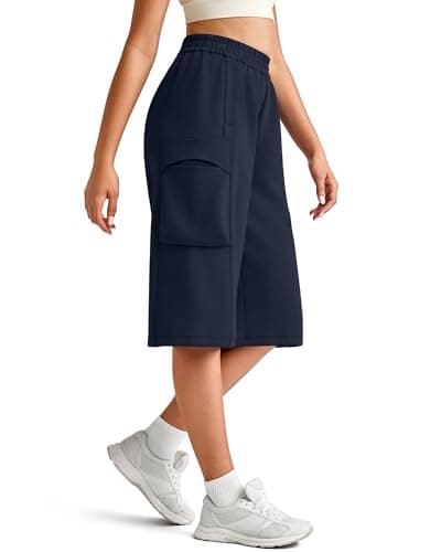 G4Free Capris with Pockets for Women Wide Leg Casual Relaxed Fit Cargo Stretchy High Waist Straight Leg Sweatpants for Summer(Dark Blue,XS,13") - Image 1