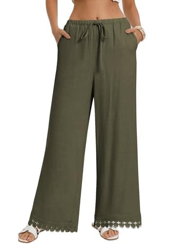 GRACE KARIN Womens Linen Wide Leg Pants Casual Loose Drawstring Summer Beach Travel Vacation Palazzo Trousers Green L - Image 1