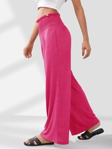 GEMLON Womens Wide Leg Pants High Waisted Palazzo Pants Summer Flowy Lounge Trousers Pants with Pockets Rosy Red 2XL - Thumbnail 3