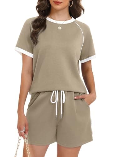Casly Lamiit Short Sets Women 2 Piece Outfits 2026 Summer Matching Athletic Clothing Sets Cute Color Block Sweatsuit Camel XL - Thumbnail 2