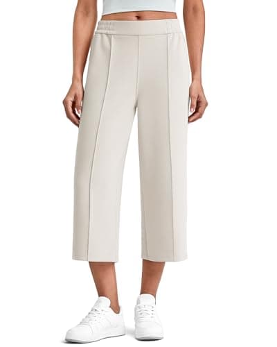 G4Free Yoga Pants for Women Wide Leg Capri Pants with Pockets High Elastic Waist Loose Casual Cropped Pants for Summer(Ivory,S,Regular) - Image 1