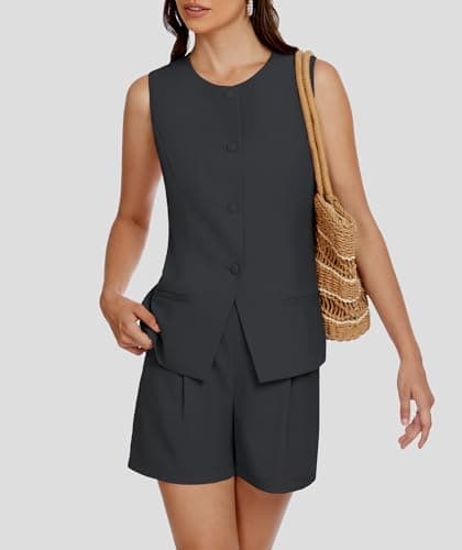 Casly Lamiit Womens 2025 Summer 2 Piece Outfits Sleeveless Crewneck Vest Business Formal Matching Short Sets Dressy Work Suits Dark Grey XL - Thumbnail 5