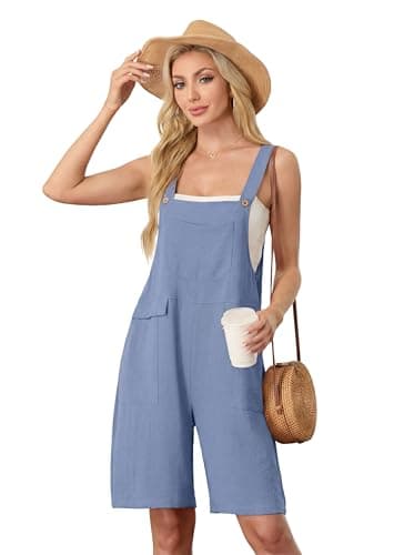 HiMONE Womens Summer Shorts Jumpsuits For Women Adjustable Loose Romper With Pockets (Light Blue-XL) - Thumbnail 2