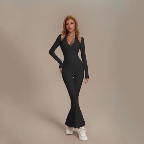 KAIFUYING One Piece Wide Leg Jumpsuits For Women Workout Long Sleeve Jumpsuit Flare Yoga Romper V-Neck Sexy Lace Black-M - Thumbnail 2