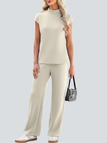 Casly Lamiit 2 Piece Sets for Women Summer 2026 Lounge Travel Vacation Outfits Cap Sleeve Tops Drawstring Wide Leg Pant Sets with Pockets Dark Beige L - Thumbnail 2