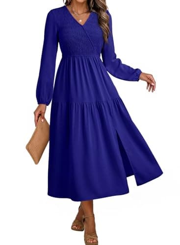 Dokotoo Fall Dresses for Women 2026 V Neck Long Sleeve Blue Dress Smocked Empire Waist Ruffle Tiered Swing Split Maxi Dress Dark Blue Large - Image 1