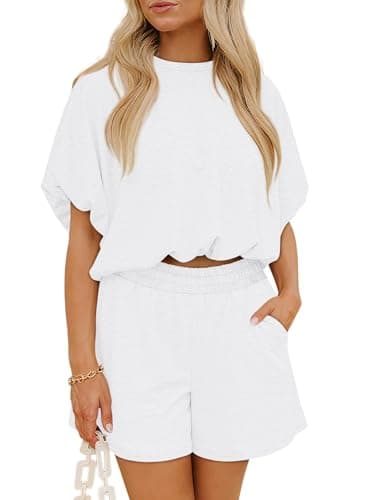 COCCKO 2 Piece Sets for Women Crew Neck Cap Sleeve Shirt and Shorts Set Womens Matching Summer Lounge Sets White XL