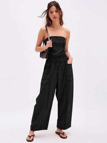 Sexyasasii One Piece Jumpsuits for Women Strapless Off Shoulder Long Wide Leg Pants Drawstring Summer Casual Tube Top Jumpsuit with Pockets - Thumbnail 6