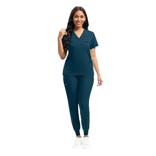 YEZEX Scrubs for Women Set, Women's V-Neck Top & Jogger Scrub Pants, Nursing Uniform Scrubs Set with 8 Pockets, for Nurse Esthetician Workwear (Caribbean Blue) - Thumbnail 3