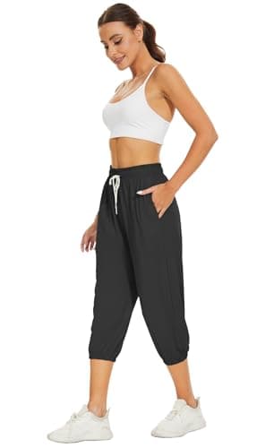 BATHRINS Women's Capri Sweatpants Summer Casual Jogger Drawstring Waist Pants with Back Pockets Black - Thumbnail 5