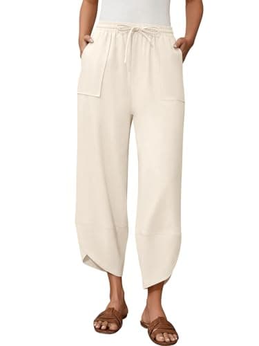 grewley Womens Baggy Wide Leg Pants Cropped Linen Pants Women Drawstring Elastic Waist Trousers with Pockets Beach Beige L - Image 1