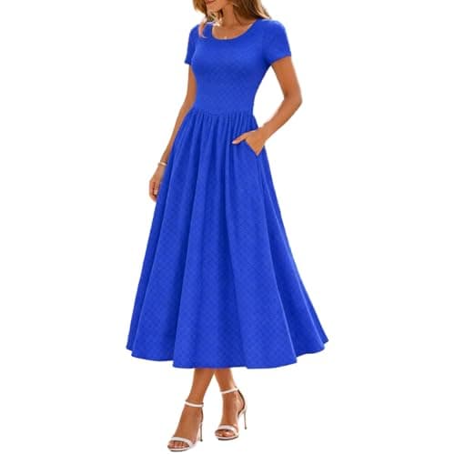 materasu Women Short Sleeve Textured Midi Dress with Pocket High Waist A Line Casual Dress - Image 1