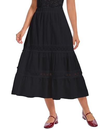 Ystguic Women's Casual Summer Spring Boho Lightweight Tiered Midi Cotton Skirt Ladies Eyelet Lace Embroidery Ruffle High Empire Waist Elasticated A Line Flowy Beach Skirts X-Large Black YG055 XL - Image 1