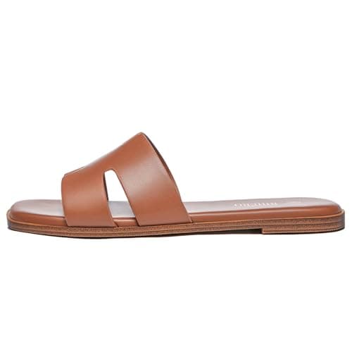 Rihero Women's Dressy Flat Sandals Comfortable Slip On Leather Slide Tan Sandals Size 7 - Thumbnail 4