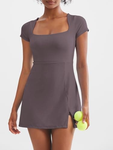 Dokuritu Womens Tennis Dresses Short Sleeve Square Neck 2024 Side Slit Double Lined Golf Athletic Dress with Built in Shorts - Thumbnail 3