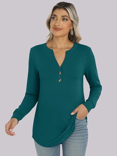 ANRABESS Women's Long Sleeve Shirts 2026 Spring Fashion Dressy Casual Tops Trendy Henley Blouses Cute Work Outfits Clothes Teal Large - Thumbnail 6