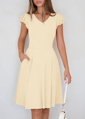 Lazysmile Summer Dresses for Women Ruffle Short Sleeve V Neck A Line Swing Ribbed Knit Casual Mini Short Dress Apricot - Thumbnail 4