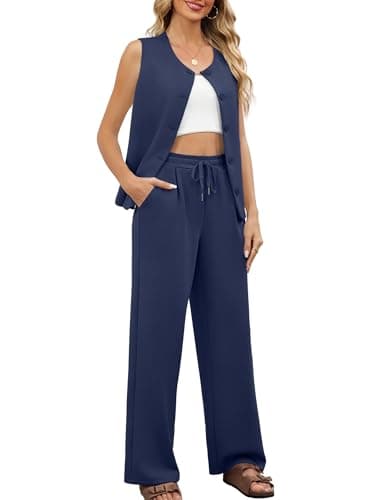 Casly Lamiit 2 Piece Outfits for Women Dressy Casual Lounge Sets Sleeveless Vest Wide Leg Pants Suits Travel Airport Office Work Outfit Navy Blue 2XL - Thumbnail 3