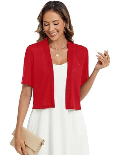 Heymoments Women's Thin Shrugs for Dresses Red Large Open Front Short Sleeve Lightweight Coat Cropped Tops Shawls and Wraps Cardigan Dressy Clothes - Thumbnail 3