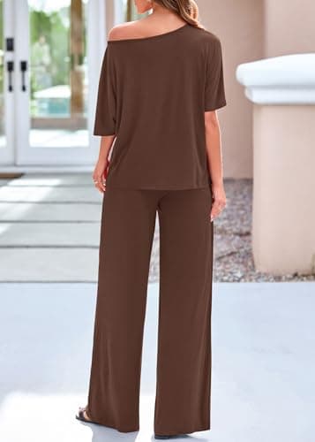 KIRUNDO Lounge Sets for Women Airport Travel Outfit 2026 Summer Off the Shoulder Tops Wide Leg Pants 2 Piece Matching Set(Brown, X-Large) - Thumbnail 2
