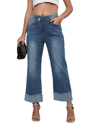 Genleck Wide Leg Cropped Jeans for Women Trendy High Waisted Crossover Boyfriend Jeans Mom Baggy Stretchy Denim (Blue, XL) - Image 1