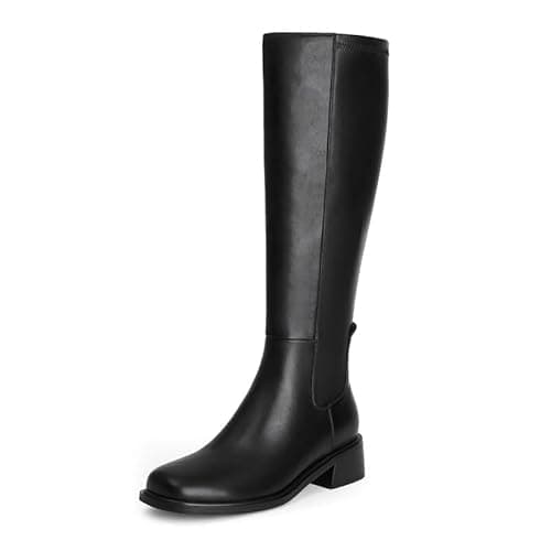 QIY Black Boots for Women Low Heel Knee High Black Heeled Boots for Women Dress Block Chunky Heel Square Toe Leather Tall Long Flat Boots No Heel Size 6.5 - Image 1