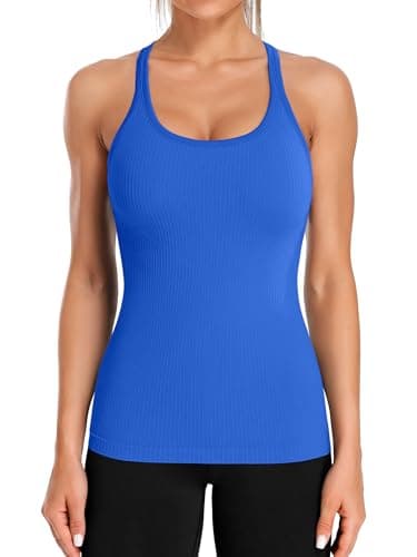 ATTRACO Women's Workout Tank Tops Seamless Sports Bra Tank Top Scoop Neck Tight Fit Blue XS - Image 1