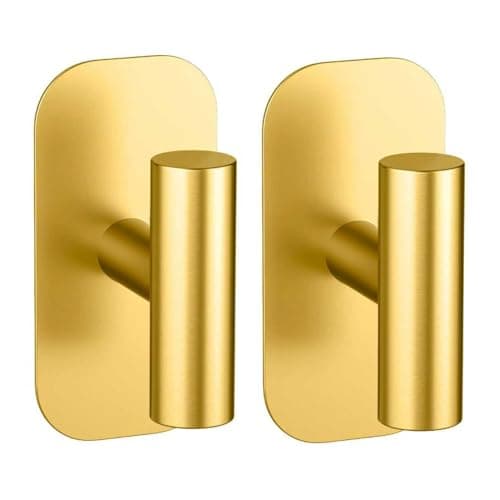 IMUMU Adhesive Towel Hooks for Shower,Waterproof Heavy Duty Bathroom Hooks,Wall Mounted Sticky Hangers for Coats/Aprons/Robes,No Drilling(Gold,2 Pack) - Image 1