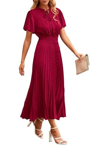 PRETTYGARDEN Summer Dresses for Women Midi Puff Short Sleeve V Neck Swiss Dot Pleated A Line Long Casual Wedding Guest Dress (Wine Red,Large) - Image 1
