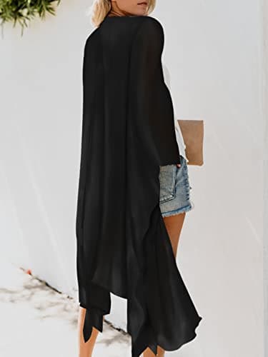 Women's Boho Long Kimono Cardigan Dusters Summer Lightweight Chiffon Sheer Beach Swimsuit Swimwear Bathing Suit Bikini Cover Ups Coverup Plus Size Resort Wear Solid Color Black XX-Large - Thumbnail 6