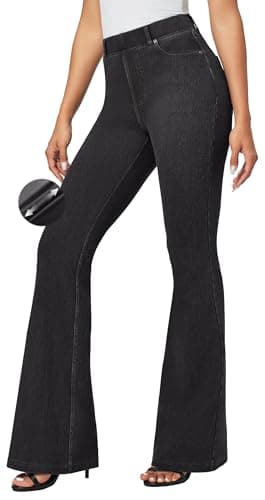 IUGA Bell Bottom Jeans for Women High Waisted Stretchy Pull On Sweatpant Jeans Women Flare Leggings Tummy Control Flare Pants Denim Black - Image 1