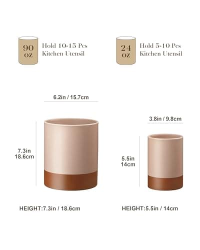 MALACASA Utensil Holder, 7.3"+5.5" Ceramic Kitchen Utensil Holder for Countertop, Large Cooking Utensil Crocks for Kitchen Counter, Farmhouse Utensils Organizer, Set of 2, Khaki Pink, Series TARA - Thumbnail 2