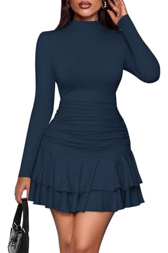 PRETTYGARDEN Womens Spring Long Sleeve Dresses 2026 Mock Neck Ruched Y2K Clothes Ruffle Layered Bodycon Mini Party Dress(Navy Blue,Medium) - Image 1
