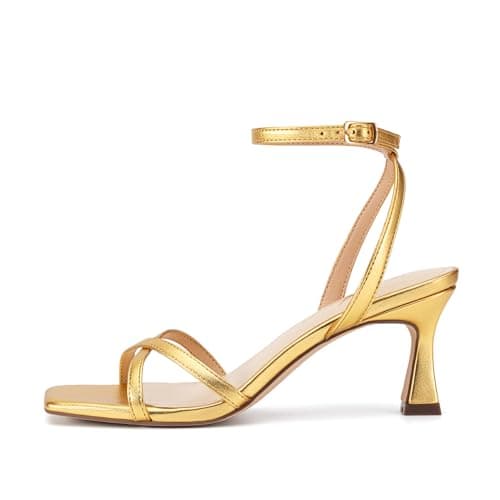 Athlefit Gold Kitten Heels for Women Square Open Toe Strappy Heeled Sandals Ankle Strap Party Dress High Heels for Prom Wedding Size 8.5 - Thumbnail 4
