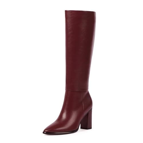 Easyfox Burgundy Tall Boots for Women Knee High Boots Pointed Toe Chunky Heel Fall Long Boots Size 9 - Image 1
