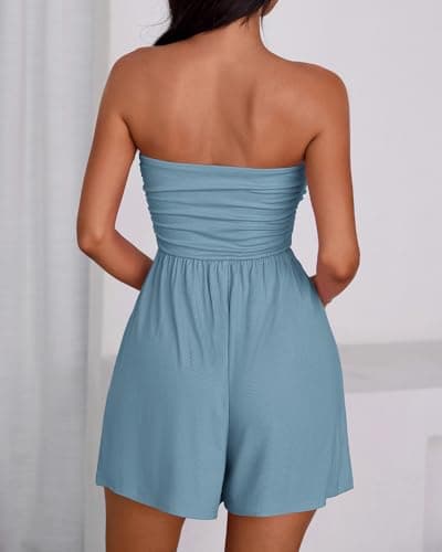 BTFBM Womens Romper 2026 Spring Summer Strapless Tube Tops Beach Vacation Clothes Boho Loose Shorts Jumpsuits Pockets(Grey Blue, Large) - Thumbnail 3