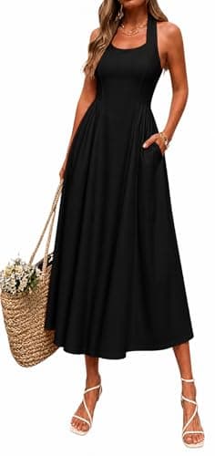 materasu Women Halter Neck Midi Dress with Pocket Backless Tie Waist Sleeveless Summer Dress Black - Image 1