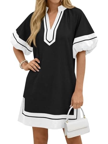 Wenrine Womens Summer Mini Dress Puff Sleeve Casual V Neck Color Block Side Slit Loose Shirt Dresses with Pockets Black - Image 1