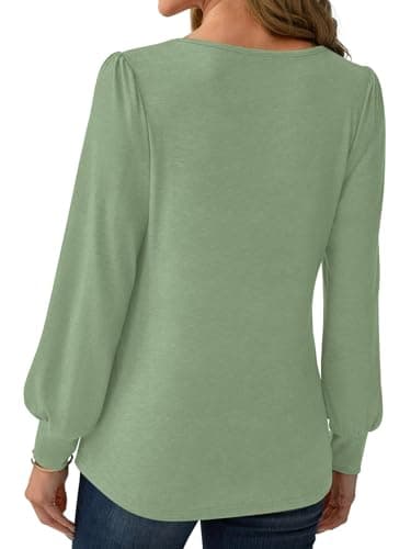 GKBK Women Long Sleeve Tops Dressy Business Casual Blouses Basic Loose Fit Crewneck Work Shirts Pleated Keyhole 2025 Fall Winter Clothes Stylish Outfits Green Medium - Thumbnail 4