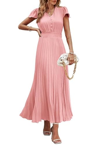 PRETTYGARDEN Women's Summer Maxi Dresses 2026 Trendy Casual Button V Neck Ruffle Cap Sleeve Long Flowy Spring Pleated Dress (Pink,Medium) - Image 1