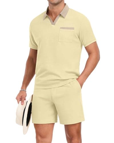 PrinStory Men's Summer Track Suits Waffle Knit Polo Shirt and Shorts Set Casual 2 Pieces Outfits with Pockets Beige-2XL