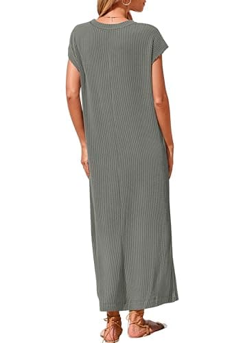 KIRUNDO Womens Summer Dresses 2026 Spring Ribbed Knit Henley Short Sleeve Maxi Dress Button Up Loose Beach Vacation Sundress(Grey, X-Large) - Thumbnail 2