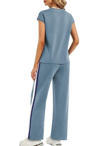 Casly Lamiit 2 Piece Pants Set for Women Travel Set Crew Neck Summer Lounge Sets Cap Sleeve Shirt and Pants Set Blue Grey XS - Thumbnail 5