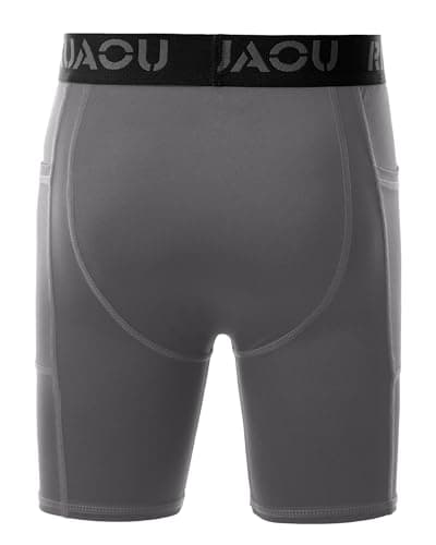 RIKUAOU Youth Boys Compression Shorts with Side Pockets, Kids Athletic Base Layers Running Underwear for Baseball Football Gray - Thumbnail 4