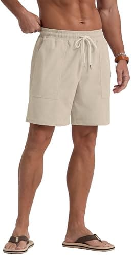 Sailwind Workout Shorts Men Casual Corduroy Drawstring 7 inch Inseam Summer Beach Shorts for Men Light Khaki - Thumbnail 5