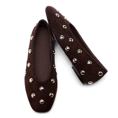 RBTHOLP Studded Flats for Women Suqare Toe Slip on Suede Ballet Flats Comfortable Walking Studs Ballet Shoes - Image 1