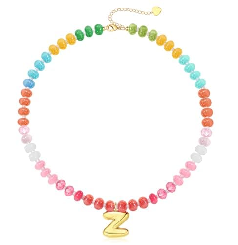 Btysun Beaded Necklaces for Women Bubble Z Letter Necklace Gold with Z Initial Necklaces for Teens Colorful Gemstone Bead Choker Stocking Stuffers for Teens Birthday Gifts Christmas Jewelry - Image 1