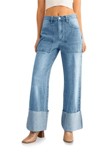 PLNOTME Womens Baggy Cuffed Jeans Casual Straight Leg Boyfriend Denim Pants with Pockets Light Blue - Image 1