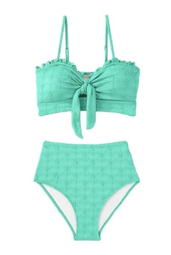 Herseas Women's Seashell Textured Bikini Sets Tie Front Swimsuits Stretchy Adjustable Straps Padded Push Up Bathing Suits Beach Turquoise Vacation Essentials 2026 Small - Thumbnail 4